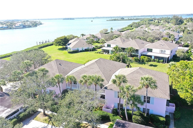 drone / aerial view featuring a water view