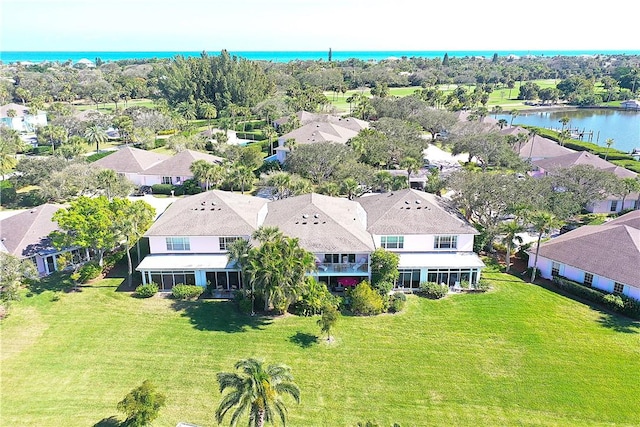 drone / aerial view featuring a water view