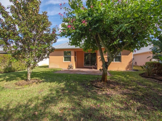 back of property with a yard and a patio area