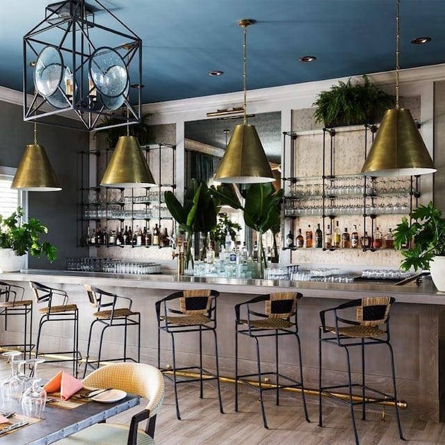 bar with hardwood / wood-style flooring and ornamental molding