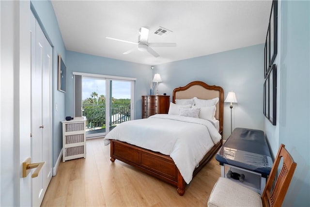 bedroom with ceiling fan, access to outside, and light wood-type flooring