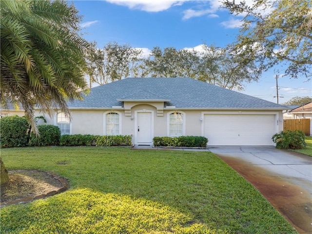 single story home featuring a garage and a front lawn