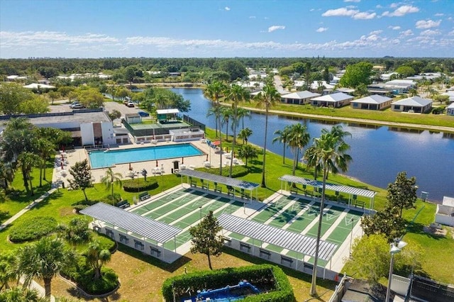 birds eye view of property featuring a water view