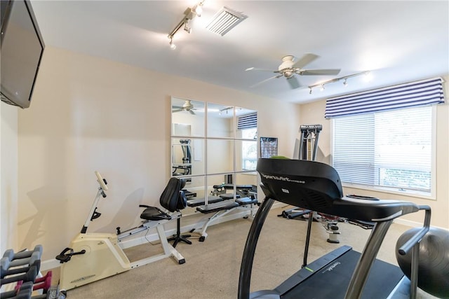 exercise area featuring track lighting, ceiling fan, and carpet