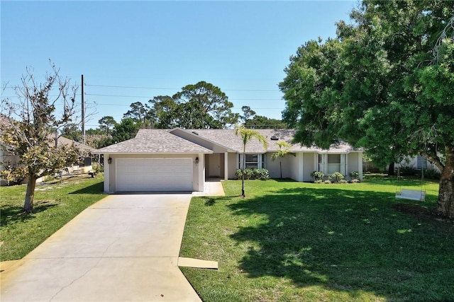 ranch-style home with a garage and a front yard