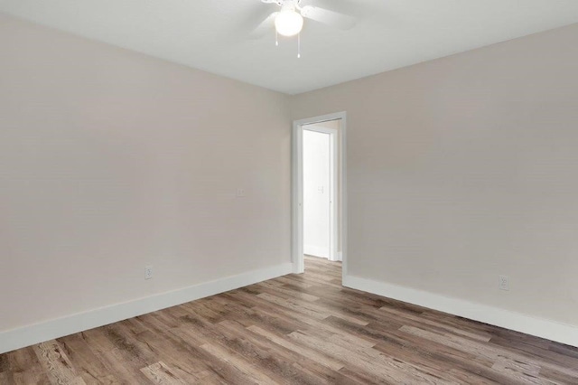 unfurnished room with ceiling fan and light wood-type flooring