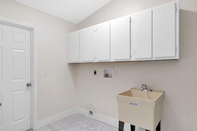 laundry area featuring cabinets, washer hookup, sink, and electric dryer hookup