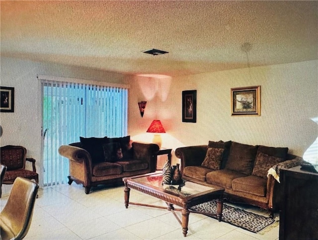 living room featuring a textured ceiling