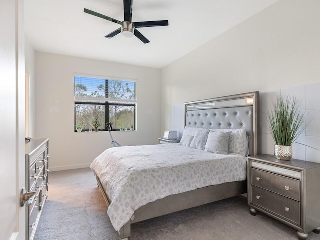 bedroom with light colored carpet and ceiling fan