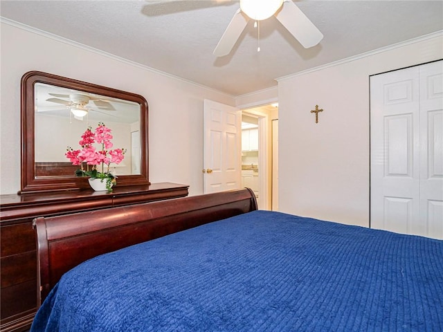 bedroom featuring a ceiling fan and ornamental molding