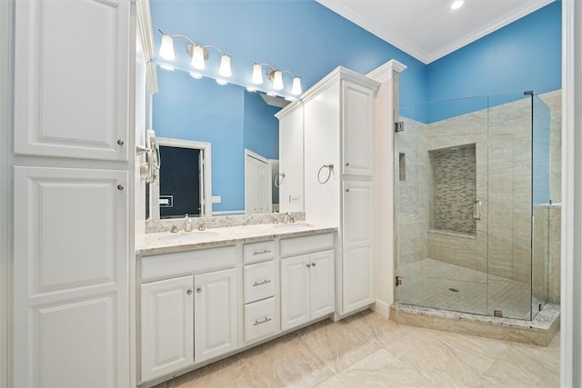 1619 Bent Oak Ln, Vero Beach, FL 32963 - bathroom with double vanity, a stall shower, crown molding, and marble finish floors
