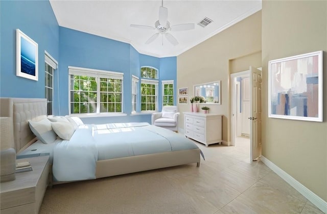 1619 Bent Oak Ln, Vero Beach, FL 32963 - bedroom featuring baseboards, ornamental molding, ceiling fan, and a towering ceiling