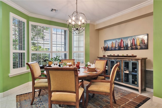 tiled dining room featuring a notable chandelier and crown molding