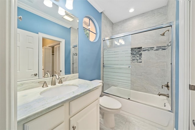 1619 Bent Oak Ln, Vero Beach, FL 32963 - full bath featuring toilet, vanity, shower / bath combination with glass door, and ornamental molding