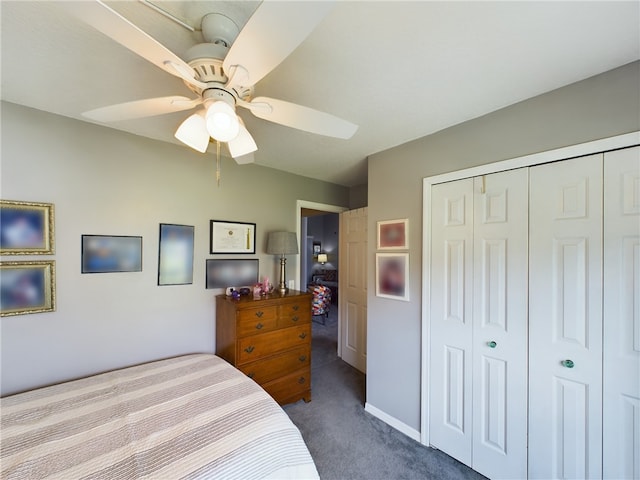 bedroom featuring carpet floors, a closet, and ceiling fan