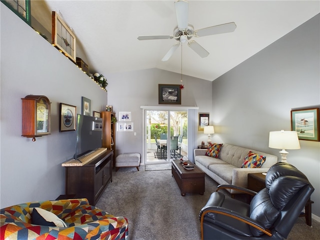 living room featuring dark colored carpet, ceiling fan, and lofted ceiling