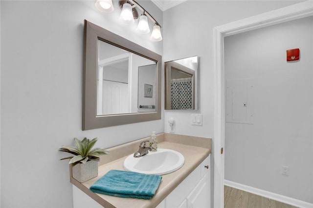 bathroom featuring electric panel, baseboards, wood finished floors, and vanity