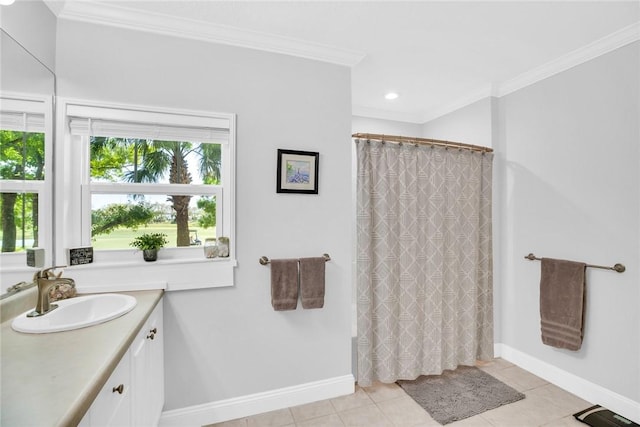 bathroom with baseboards, a shower with curtain, ornamental molding, tile patterned flooring, and vanity