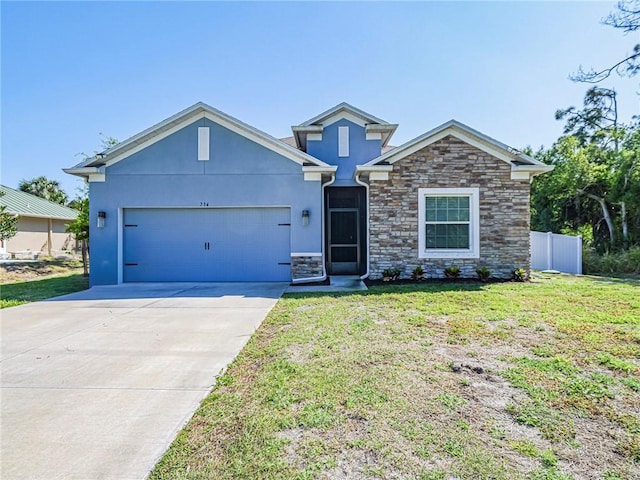 view of front facade featuring a front lawn, stone siding, concrete driveway, an attached garage, and stucco siding