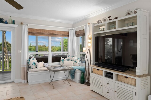 living area featuring crown molding