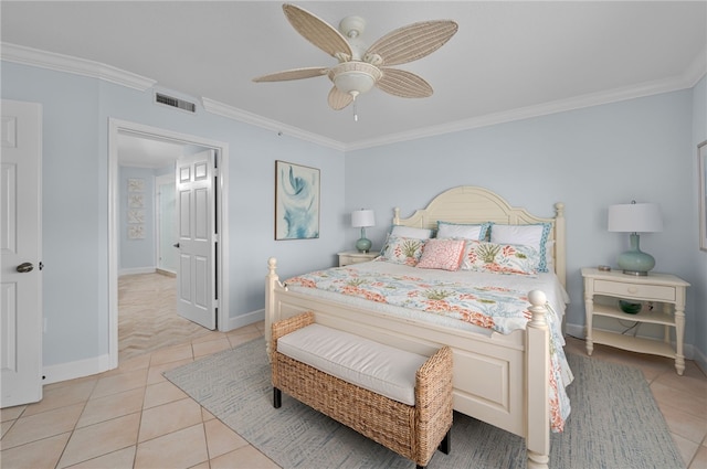bedroom featuring light tile patterned floors, crown molding, baseboards, and ceiling fan