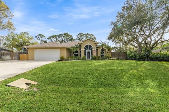 ranch-style home with a garage, fence, concrete driveway, and stucco siding