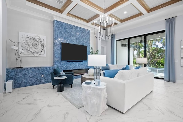 9259 Seaglass Ct, Vero Beach, FL 32963 - living area with coffered ceiling, marble finish floors, a chandelier, beam ceiling, and baseboards