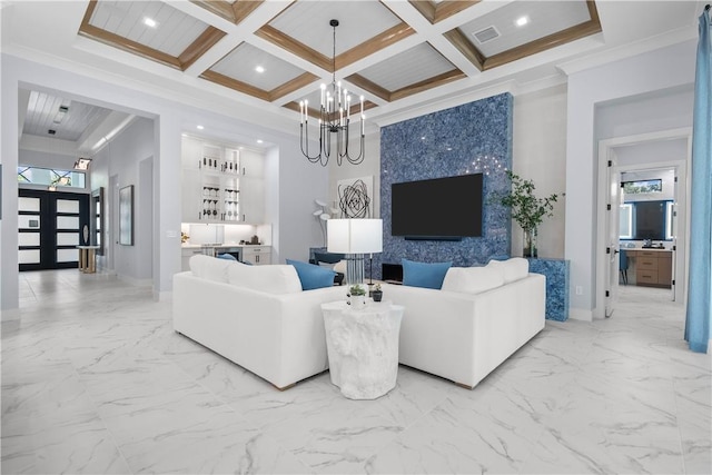 9259 Seaglass Ct, Vero Beach, FL 32963 - living room with marble look tiles, crown molding, baseboards, bar area, and a chandelier