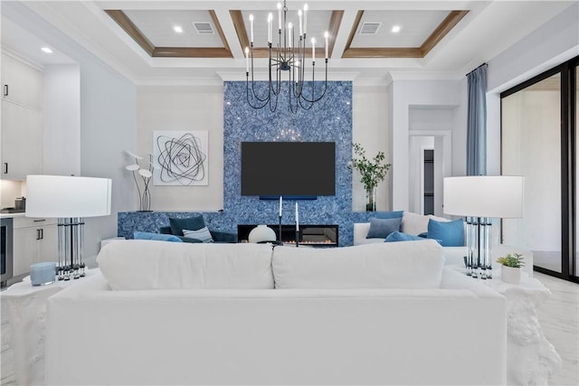 9259 Seaglass Ct, Vero Beach, FL 32963 - living area featuring a chandelier, coffered ceiling, beamed ceiling, crown molding, and recessed lighting