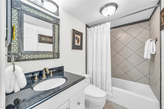 full bath featuring toilet, vanity, tile patterned floors, and shower / bathtub combination with curtain