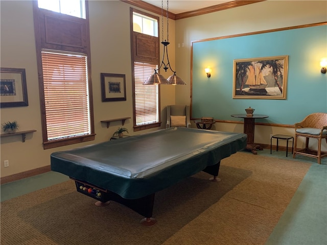 rec room featuring carpet floors, ornamental molding, and pool table