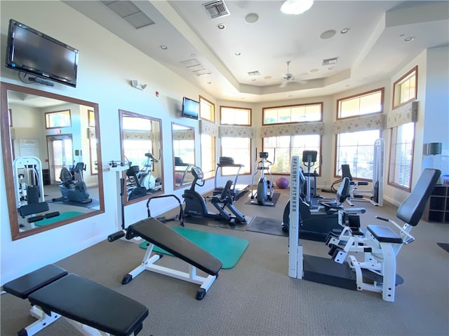 workout area featuring ceiling fan and a tray ceiling