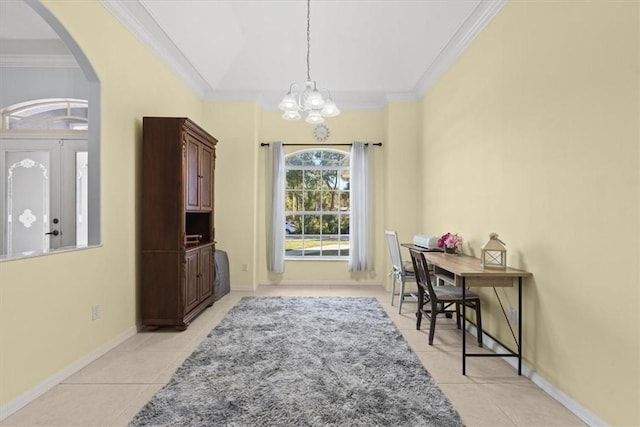 tiled dining room featuring an inviting chandelier and ornamental molding