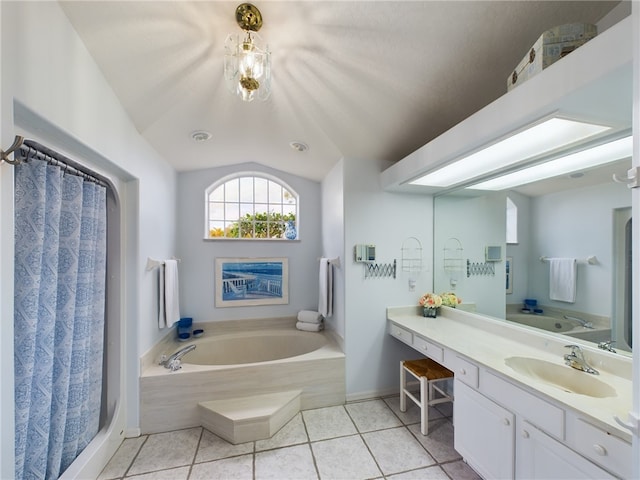 bathroom featuring tile patterned flooring, vanity, plus walk in shower, and vaulted ceiling