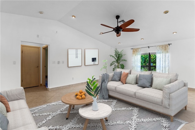 tiled living room with ceiling fan and vaulted ceiling