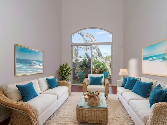 living room with light hardwood / wood-style floors and a high ceiling