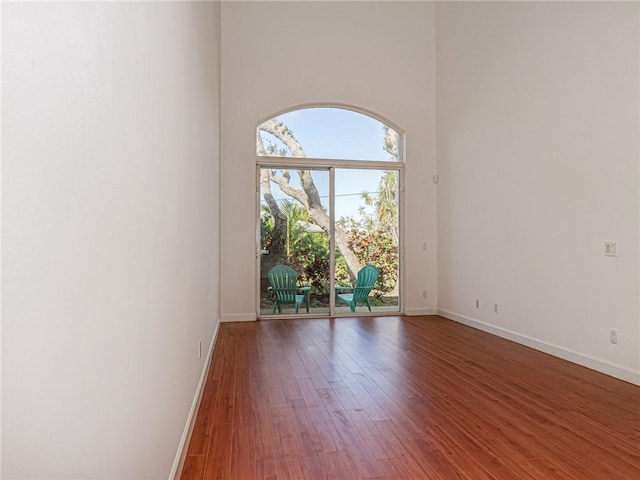 spare room with a high ceiling and wood-type flooring