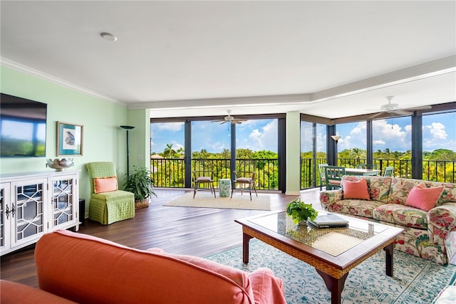 living room featuring dark hardwood / wood-style flooring, floor to ceiling windows, ceiling fan, and crown molding