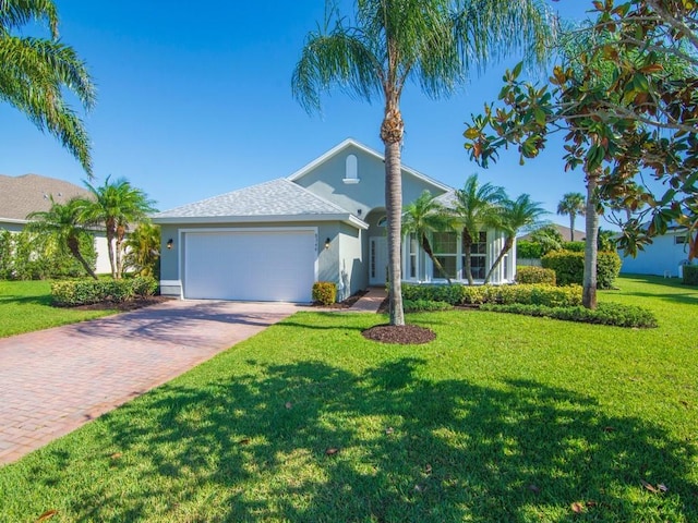 8340 Paladin Sq, Vero Beach, FL 32967 - view of front of property featuring a garage, decorative driveway, a front lawn, and stucco siding