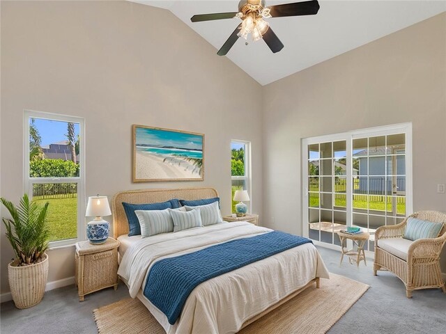8340 Paladin Sq, Vero Beach, FL 32967 - carpeted bedroom featuring high vaulted ceiling and a ceiling fan