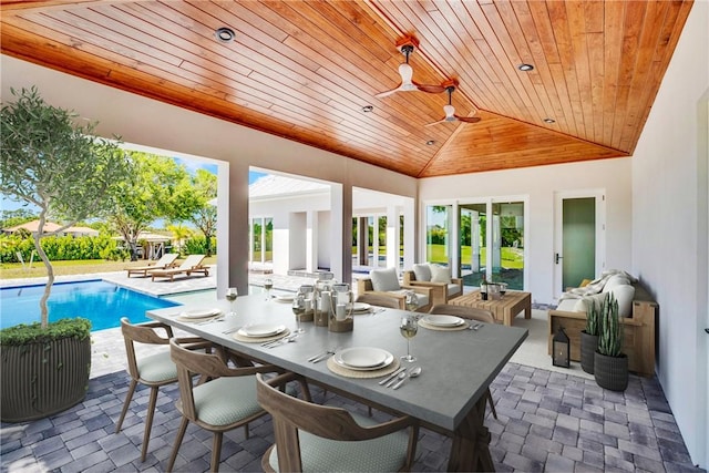 7205 Kamelya St SW, Vero Beach, FL 32968 - view of patio featuring an outdoor living space, ceiling fan, outdoor dining area, and an outdoor pool