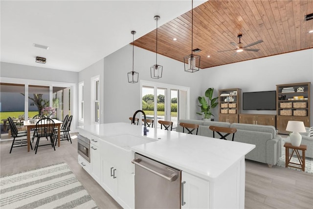 7205 Kamelya St SW, Vero Beach, FL 32968 - kitchen featuring stainless steel appliances, a center island with sink, wood ceiling, pendant lighting, and white cabinets