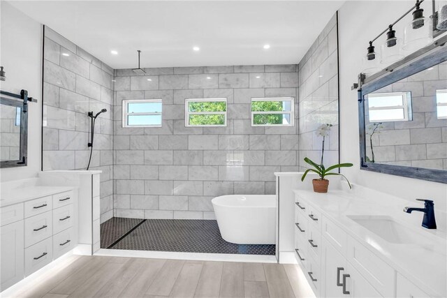 7205 Kamelya St SW, Vero Beach, FL 32968 - bathroom featuring a wealth of natural light, a freestanding tub, a walk in shower, and vanity