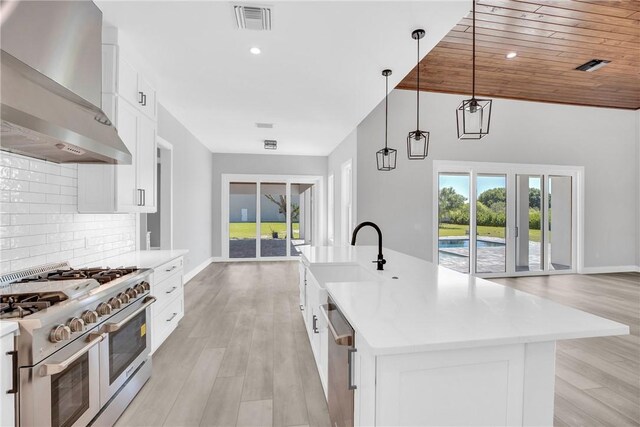 7205 Kamelya St SW, Vero Beach, FL 32968 - kitchen featuring tasteful backsplash, a sink, a wealth of natural light, wall chimney range hood, and appliances with stainless steel finishes