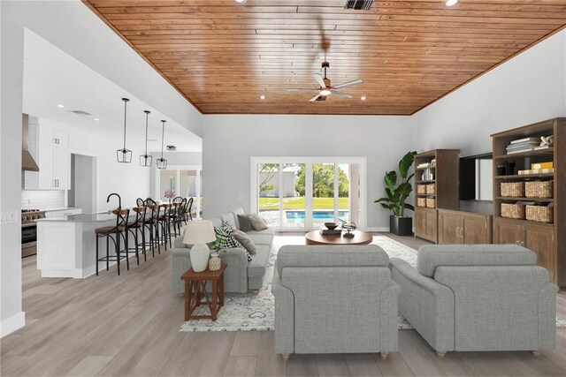 7205 Kamelya St SW, Vero Beach, FL 32968 - living area with a towering ceiling, light wood-type flooring, wooden ceiling, and ceiling fan