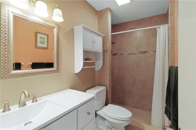 bathroom with walk in shower, vanity, and toilet