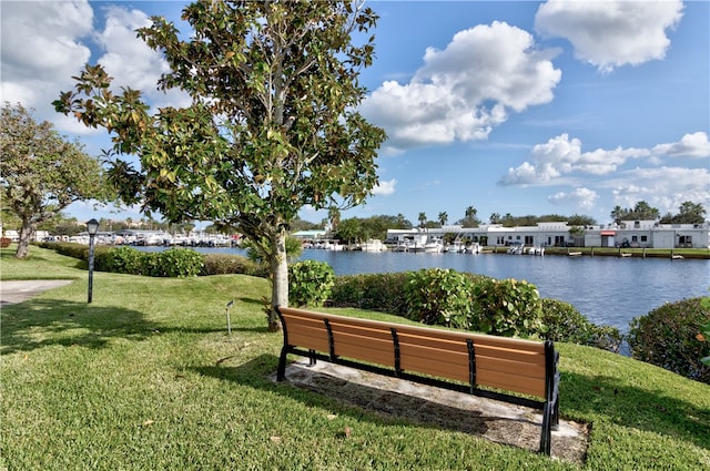 view of property's community featuring a yard and a water view