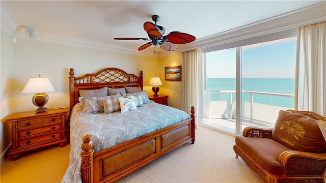 carpeted bedroom with crown molding, access to outside, ceiling fan, and a water view