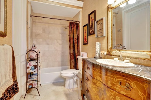 full bathroom featuring vanity, shower / bath combination with curtain, tile patterned floors, and toilet