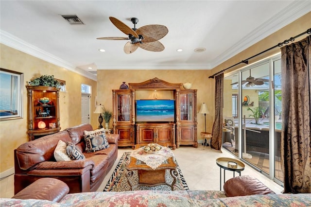 living room featuring ornamental molding and ceiling fan